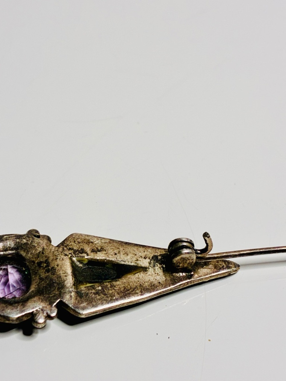 925 Victorian Inspo Art Deco VTG BL Onyx Inlayed Amethyst Marcasite Bar Brooch - Picture 8 of 13